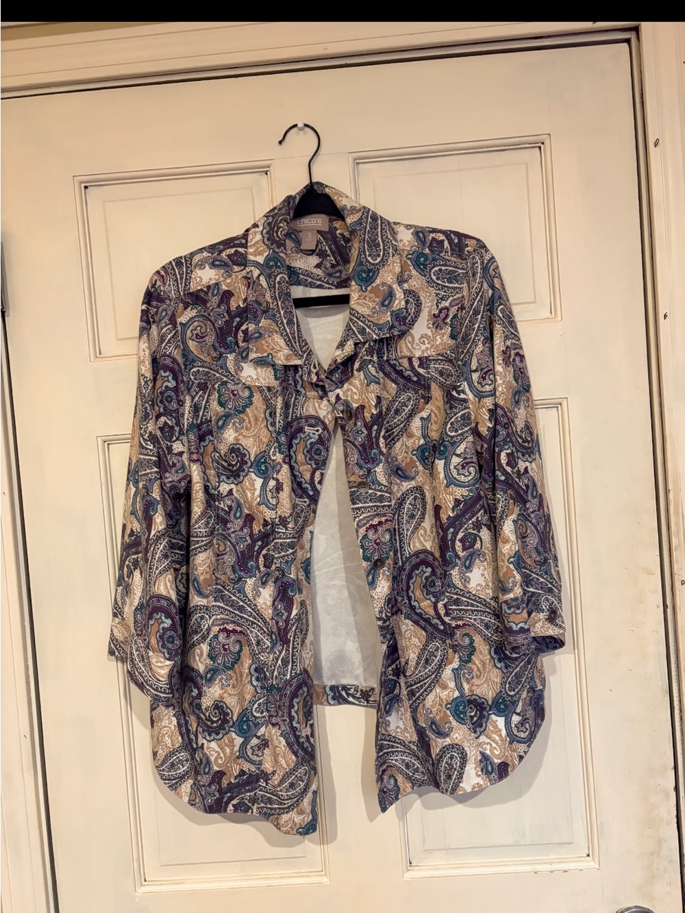 Chico's Paisley Button-Down Top in Beige, Purple & Teal